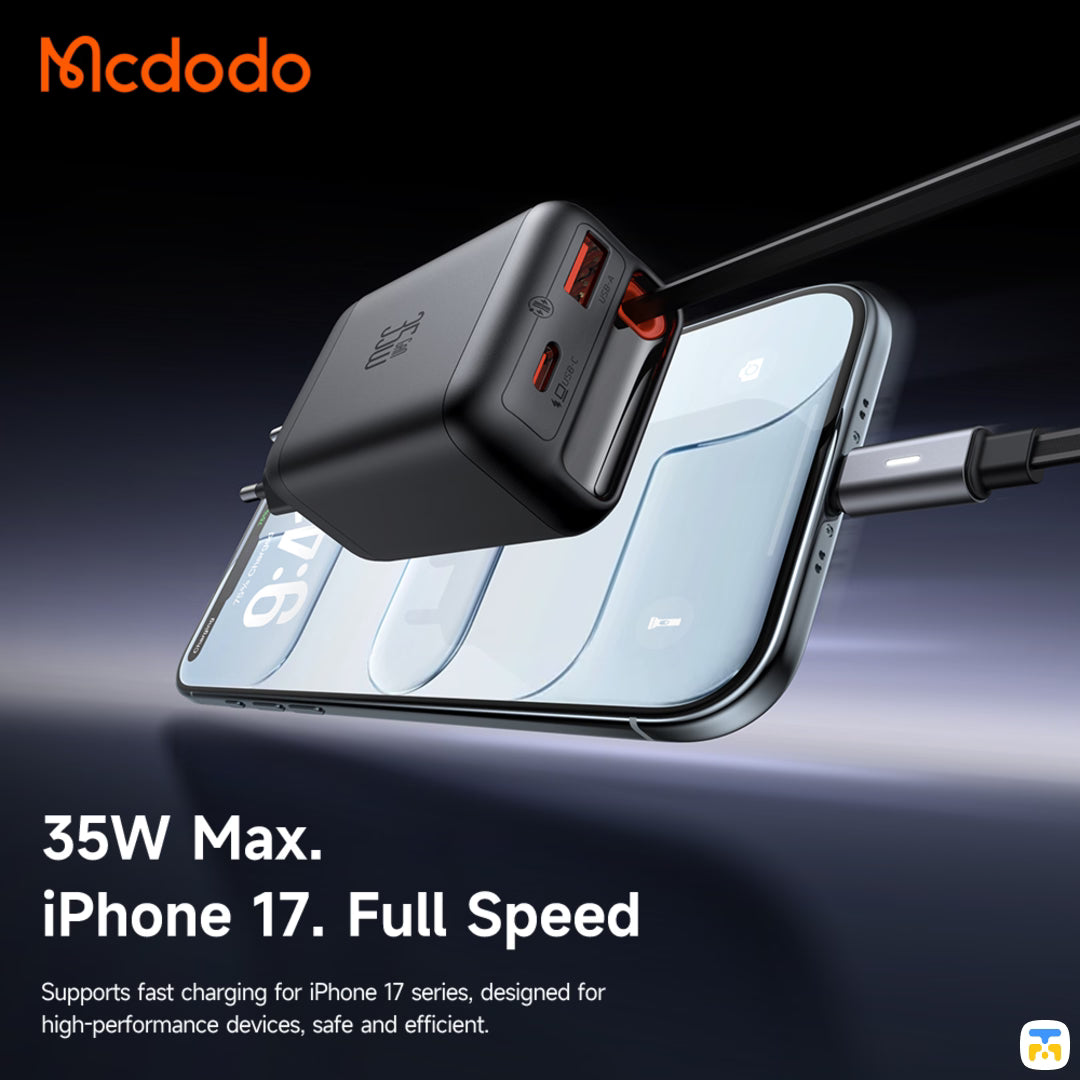35W Max.
iPhone 17. Full Speed - Mcdodo FreeGo 35W Retractable-Cable Charge - 2 USB-C + 1 USB-A