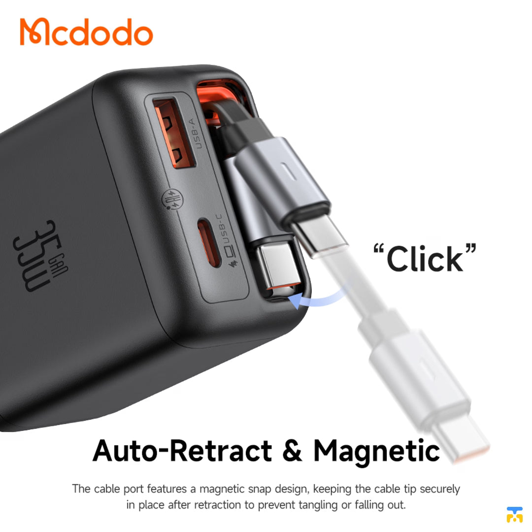 Auto-Retract & Magnetic - Mcdodo FreeGo 35W Retractable-Cable Charge - 2 USB-C + 1 USB-A