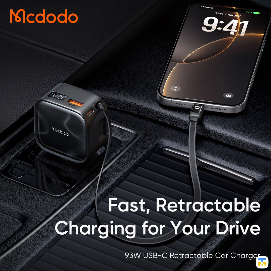 Fast, Retractable Chargingfor Your Drive - Mcdodo FreeGo Pro 93W Car Charger with Built-in USB-C Cable - 1A+1C