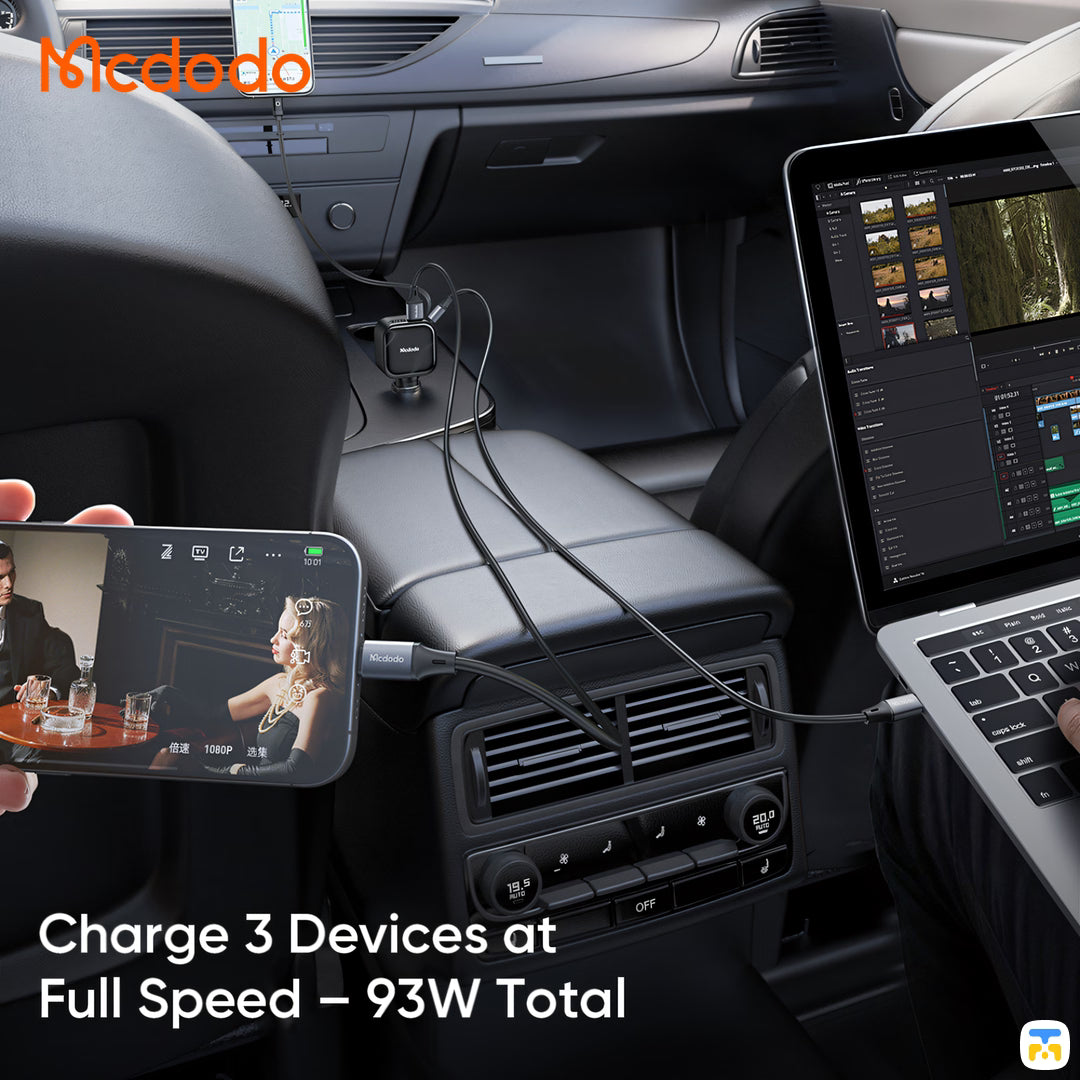 Charge 3 Devices at Full Speed - 93W Total - Mcdodo FreeGo Pro 93W Car Charger with Built-in USB-C Cable - 1A+1C