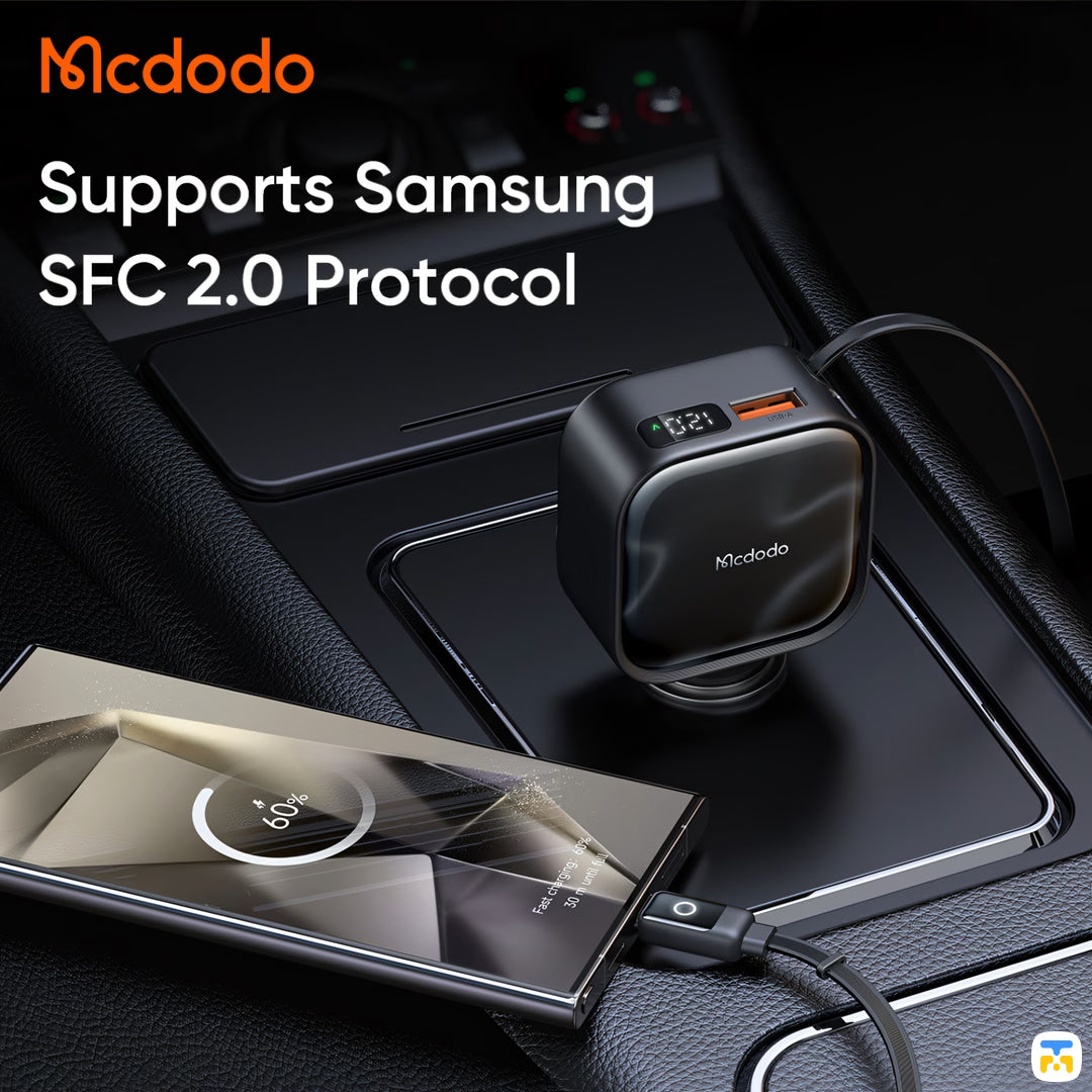 Charge 3 Devices at Full Speed - 93W Total - Mcdodo FreeGo Pro 93W Car Charger with Built-in USB-C Cable - 1A+1C