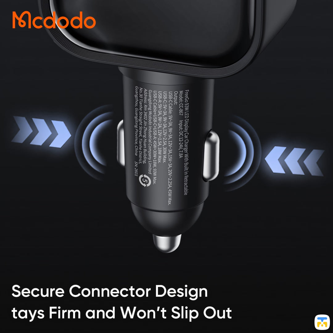 Secure Connector Design tays Firm and Won't Slip Out - Mcdodo FreeGo Pro 93W Car Charger with Built-in USB-C Cable - 1A+1C