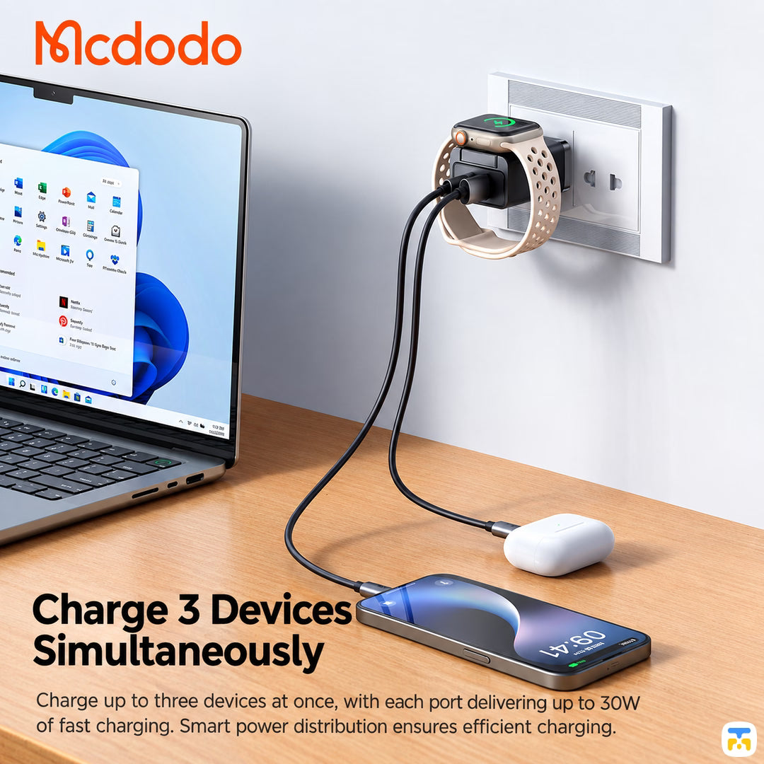 Charge 3 Devices
Simultaneously - Mcdodo Gana Mage 2-in-1 Travel Charger with Built-in Apple Watch Charger