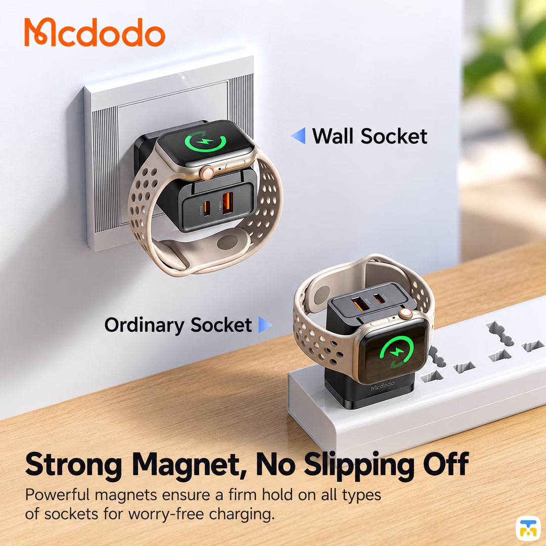 Strong Magnet, No Slipping Off - Mcdodo Gana Mage 2-in-1 Travel Charger with Built-in Apple Watch Charger