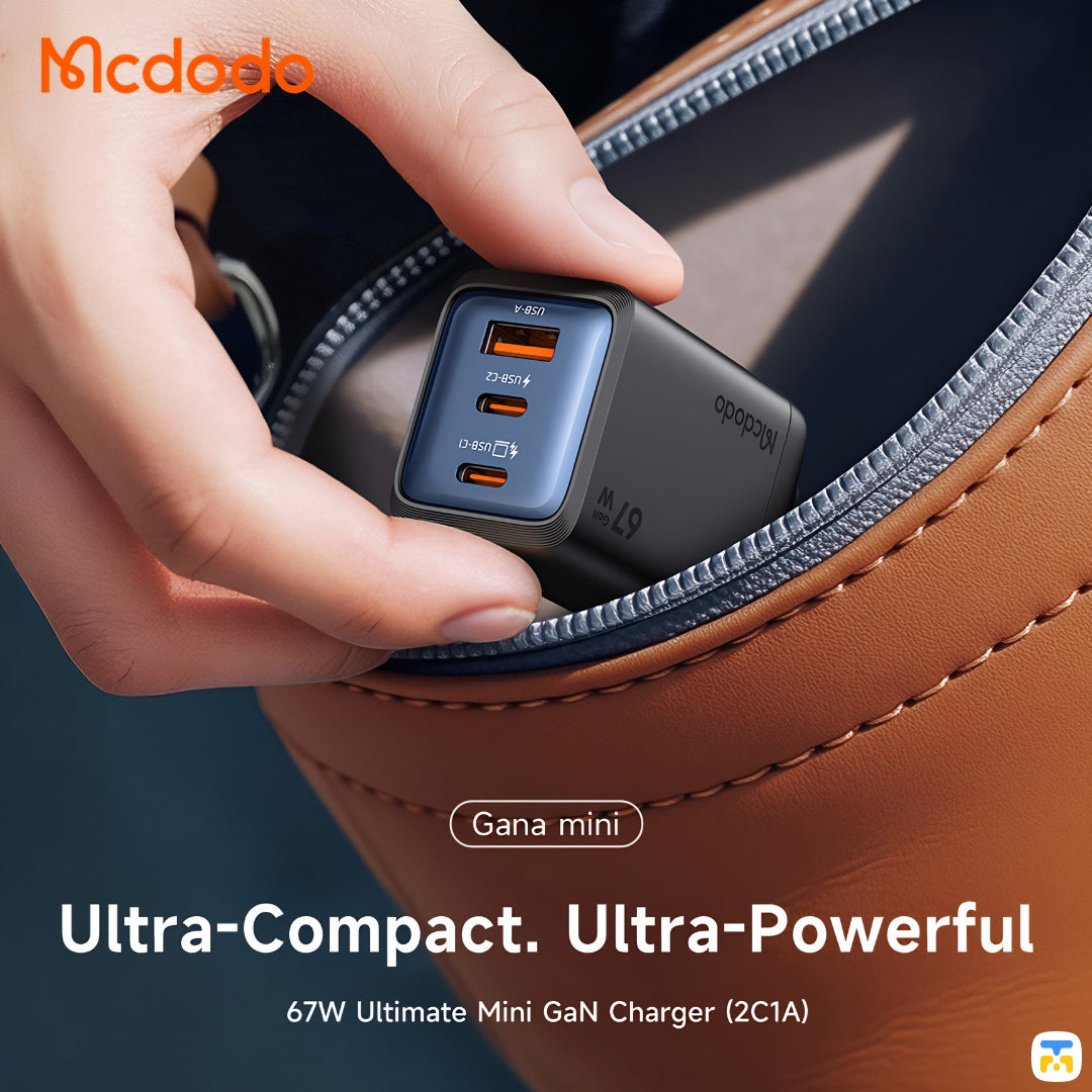 Ultra-Compact. Ultra-Powerful - Mcdodo Gana Mini 67W Ultimate Mini GaN Charger - 2 USB-C 1 USB-A