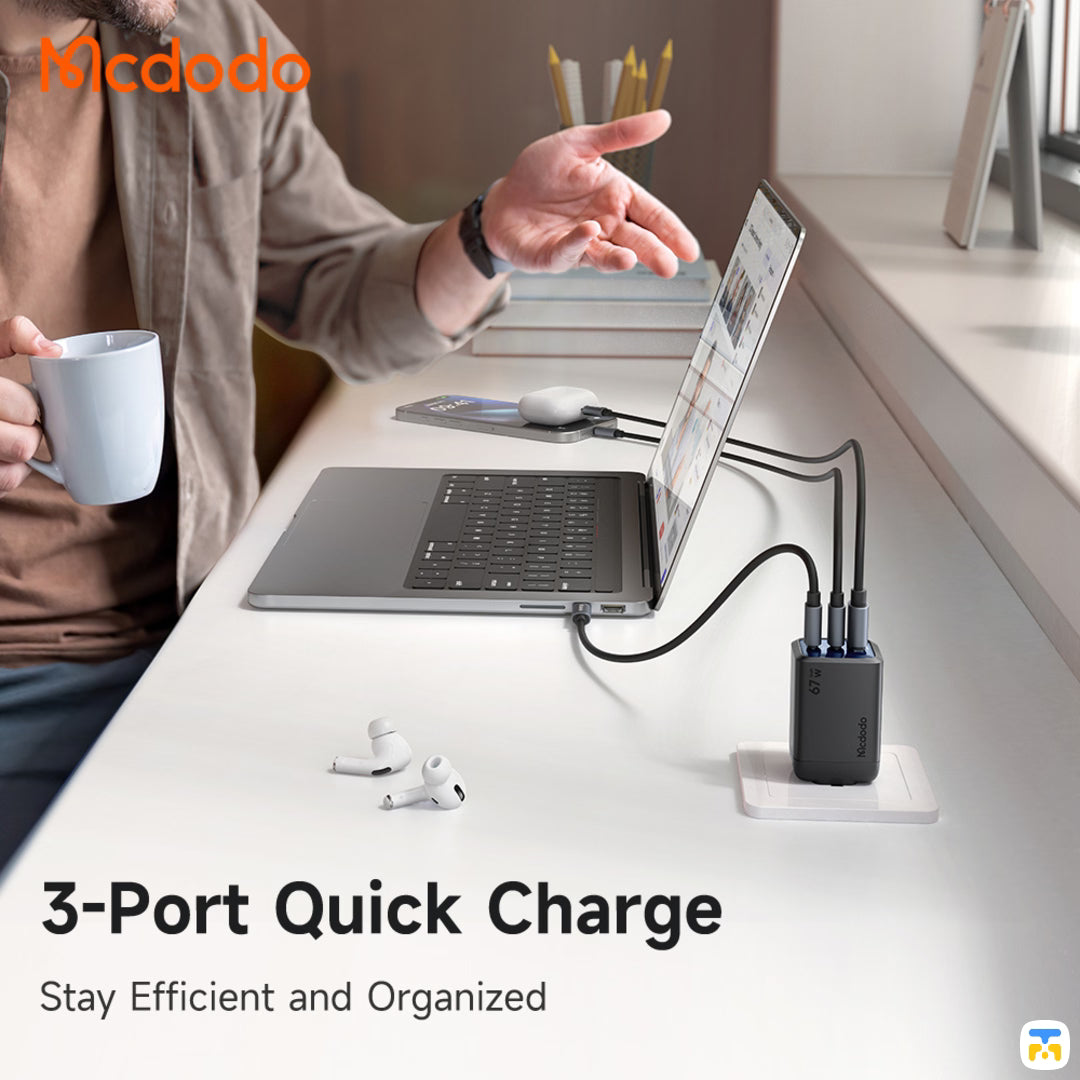 3-Port Quick Charge - Mcdodo Gana Mini 67W Ultimate Mini GaN Charger - 2 USB-C 1 USB-A