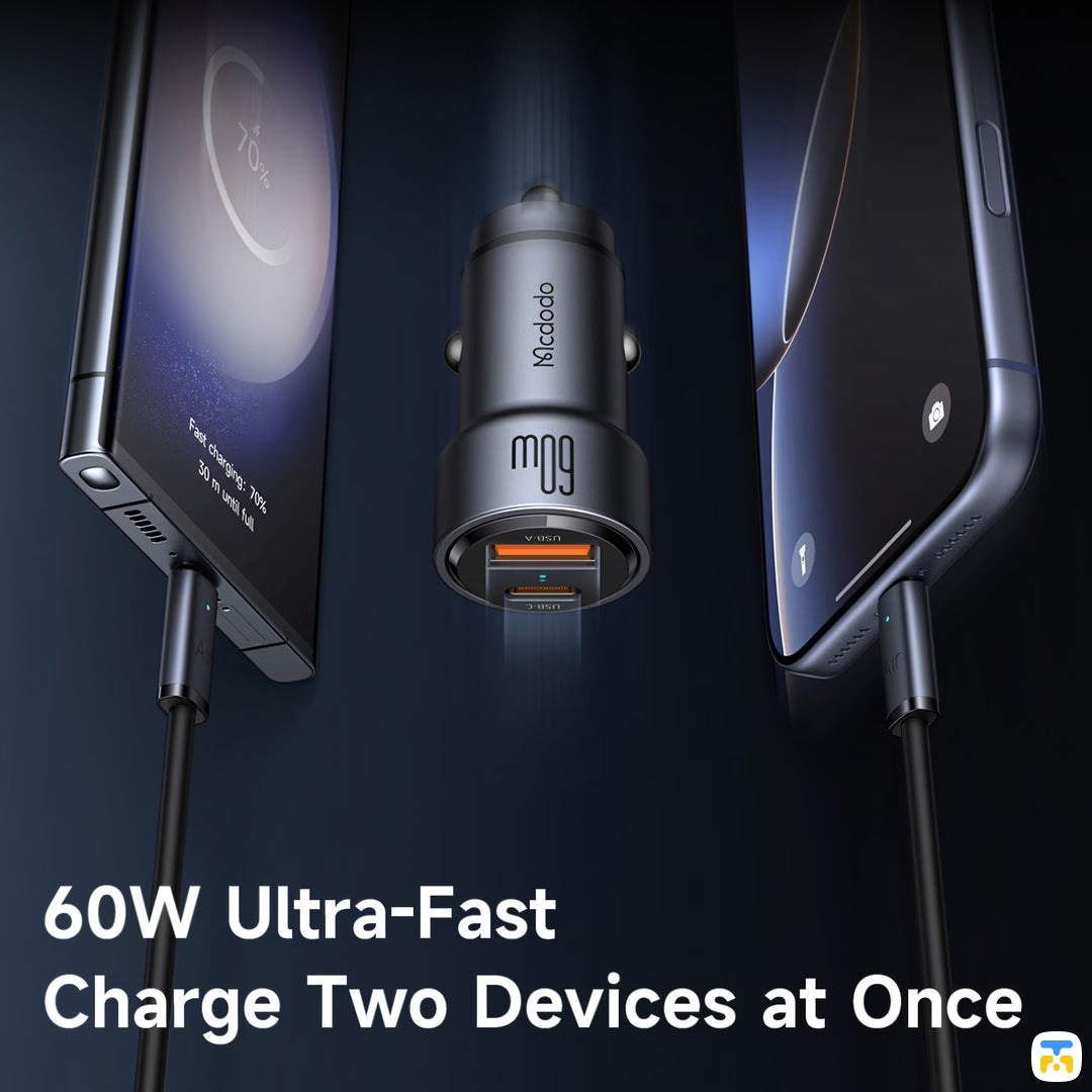 60W Ultra-Fast
Charge Two Devices at Once - Mcdodo NeoEco 60W Car Charger - USB-C + USB-A