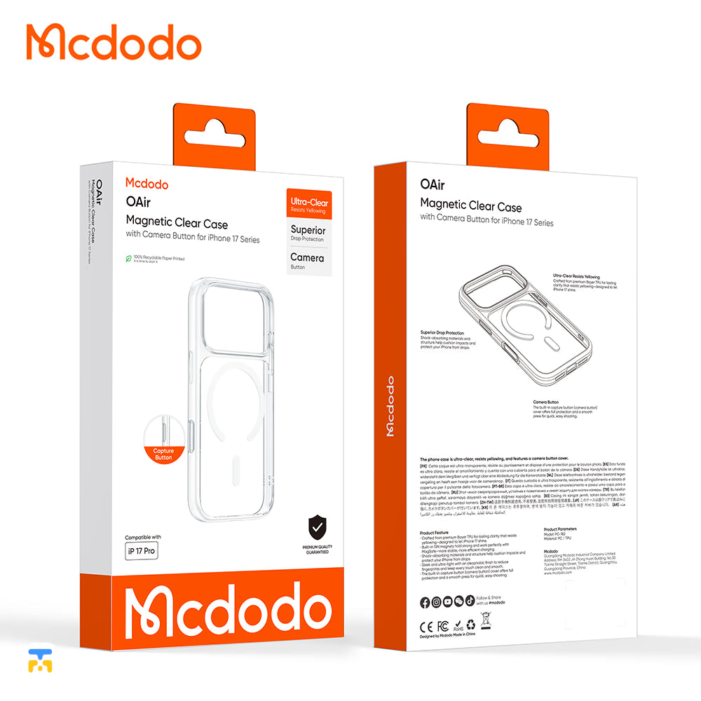 Mcdodo OAir for iPhone 17 Series - Magnetic Clear Case with Camera Button, packaging on a white background.