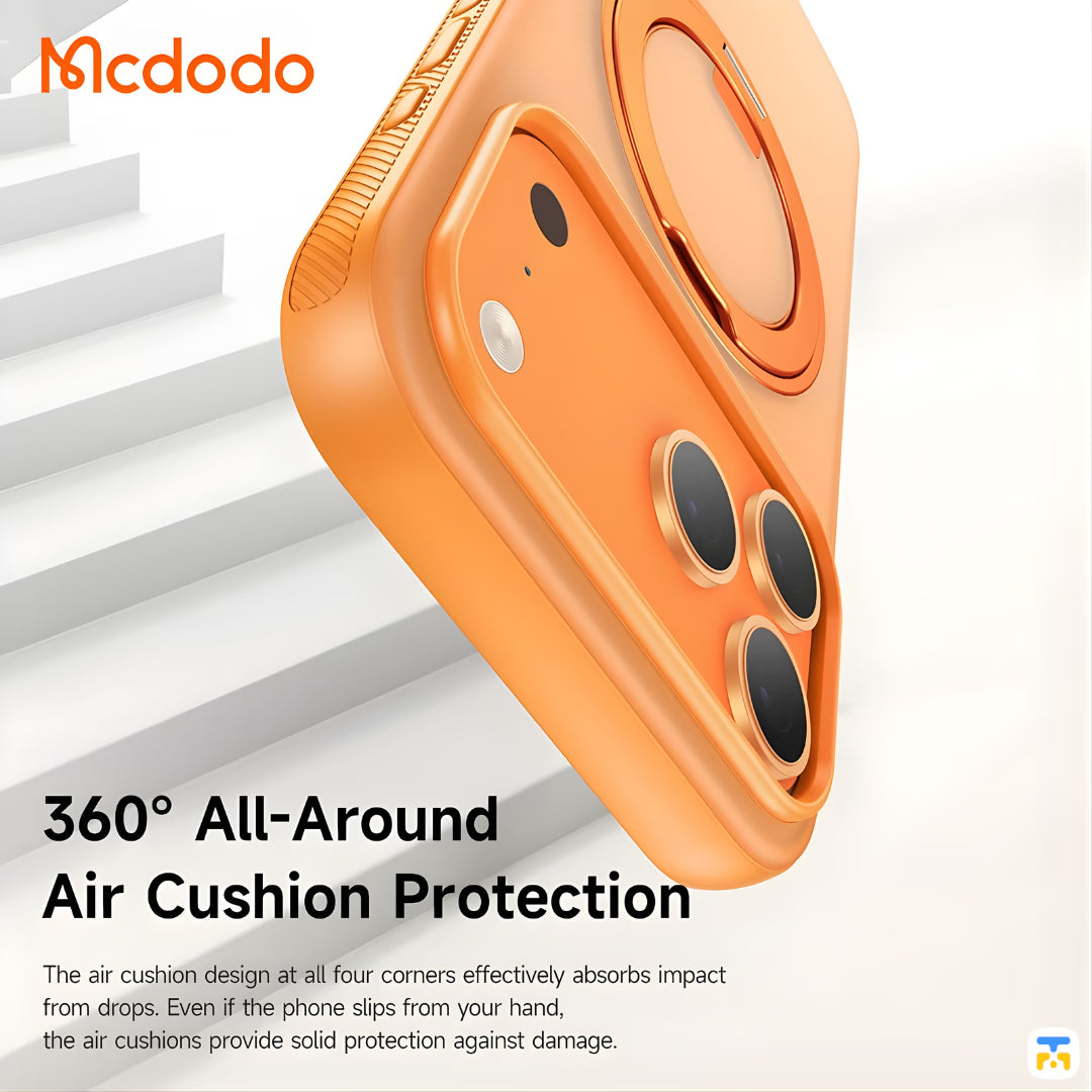 Orange phone case with air cushion protection feature on a white background