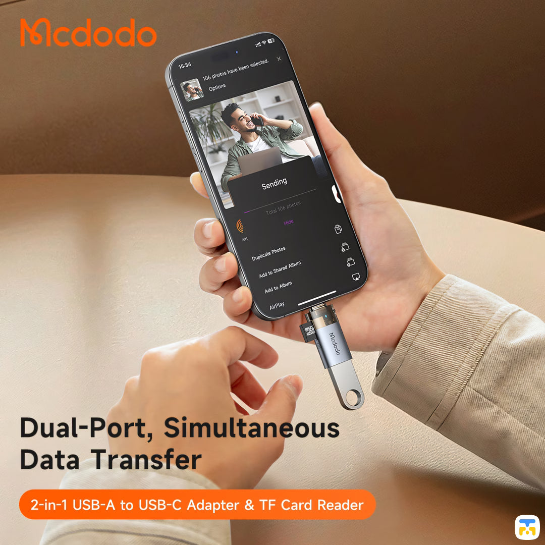 Dual-Port, Simultaneous Data Transfer - Mcdodo Port Luma 2-in-1 USB A to C Transfer Adapter with TF Card Reader