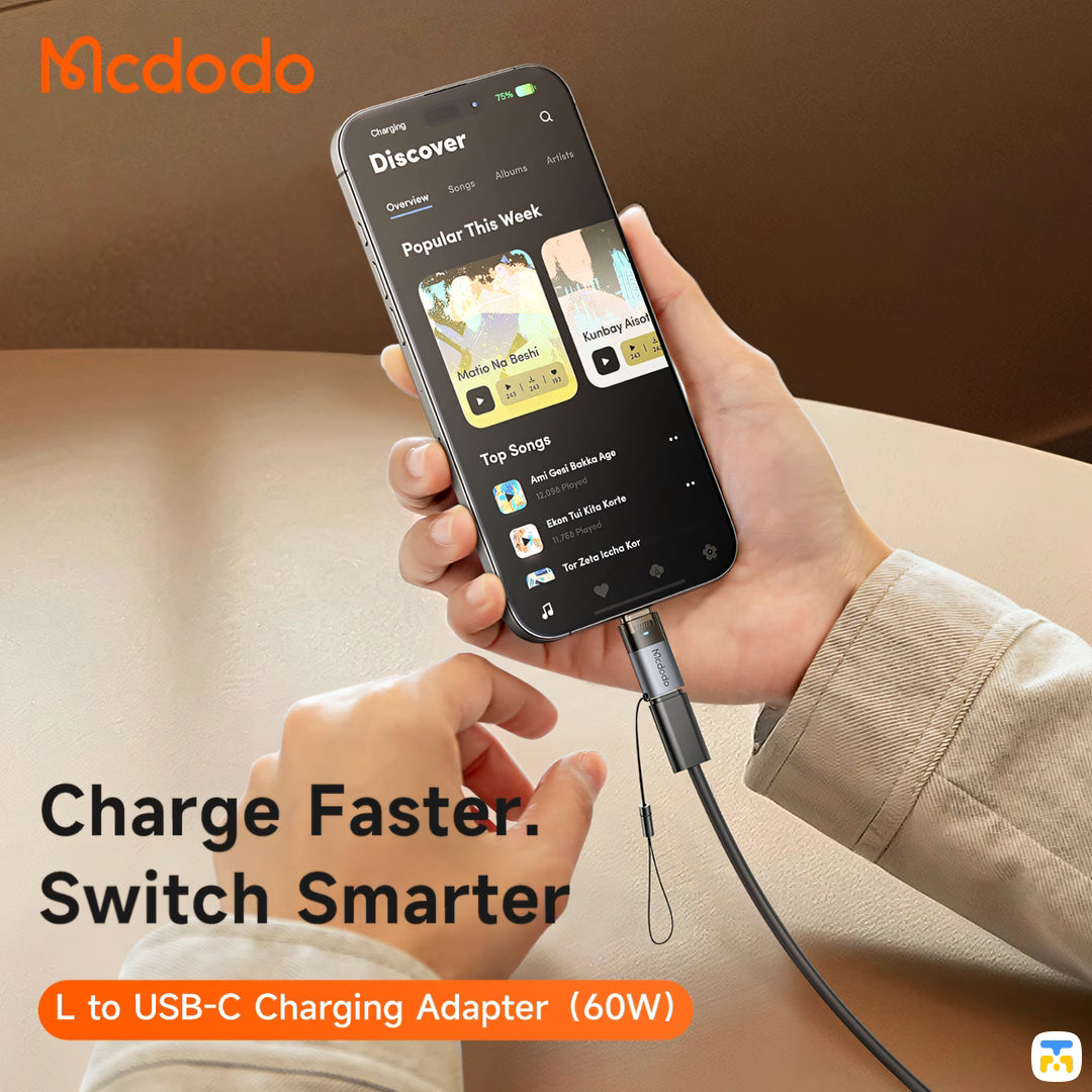 Charge Faster.
Switch Smarter - Mcdodo  Port LumaLightning to USB-C 60W Charging Adapter