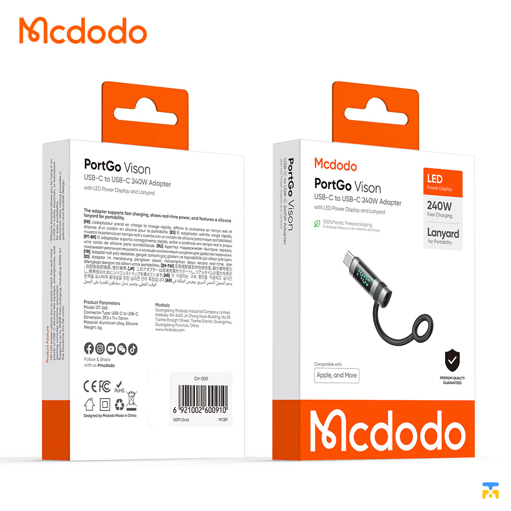 Mcdodo PortGo Vison 240W USB-C to USB-C Adapter with LED Power Display and Lanyard Packaging