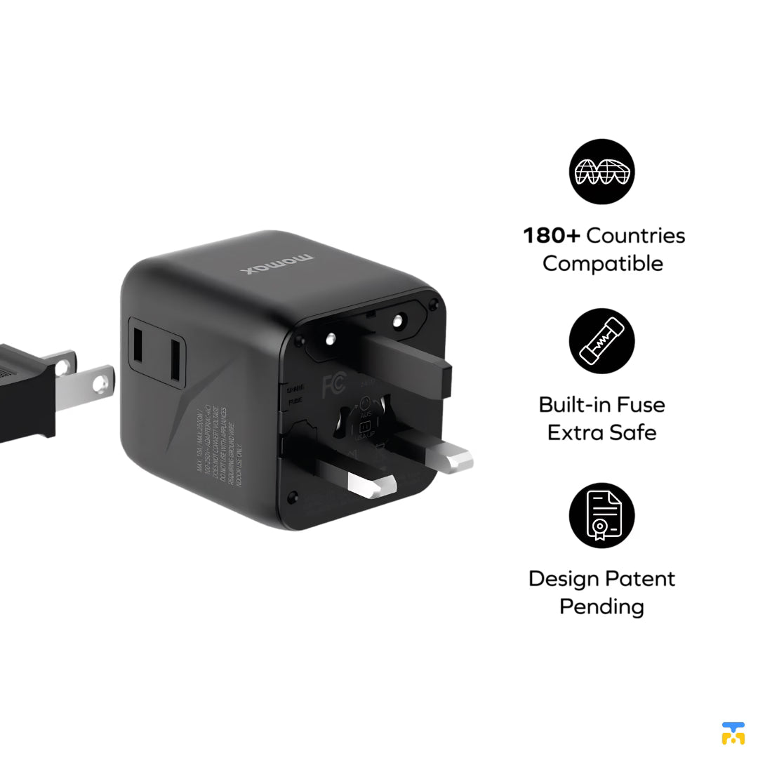 Dual AC Output.Universal Plug and Type-A Plug - Momax 1-World Universal Travel Charger with Dual AC