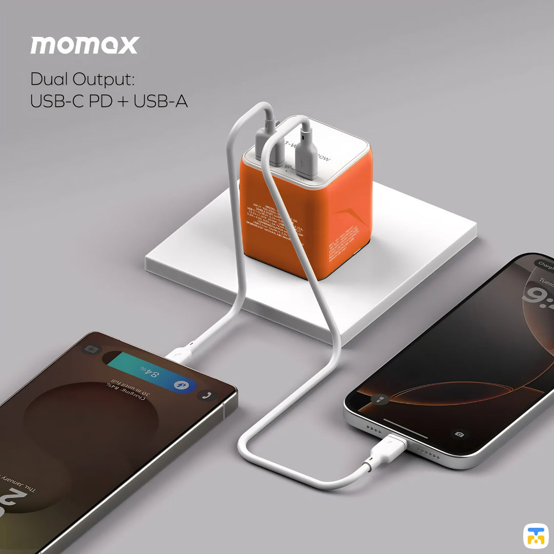 Dual Output:
USB-C PD + USB-A - Momax 1-World² 20W Universal 2-Port USB Travel Adapter