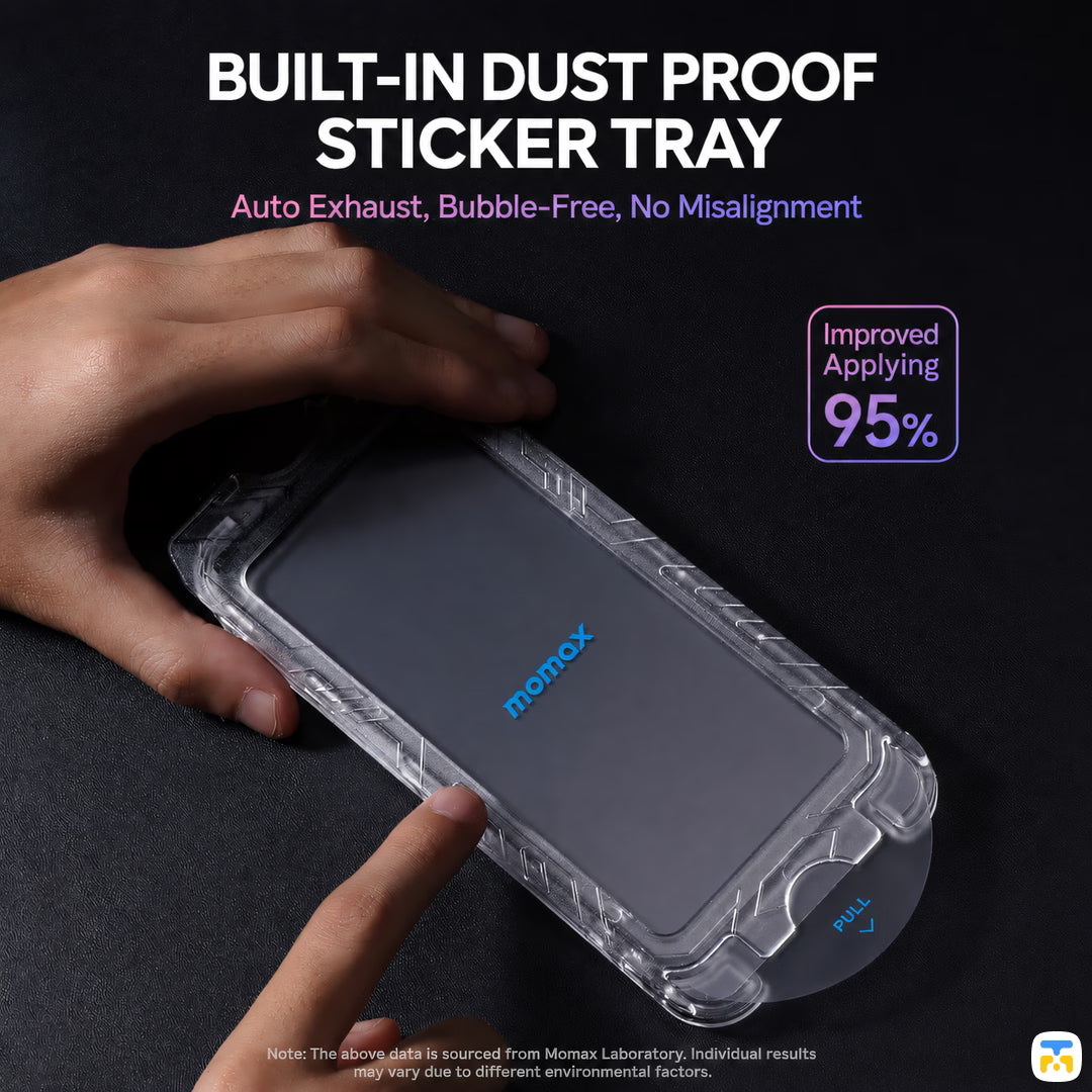 BUILT-IN DUST PROOF
STICKER TRAY - Momax for iPhone 15 & 16 Series Glass Pro+ Ultra Clear 3D Screen Protector