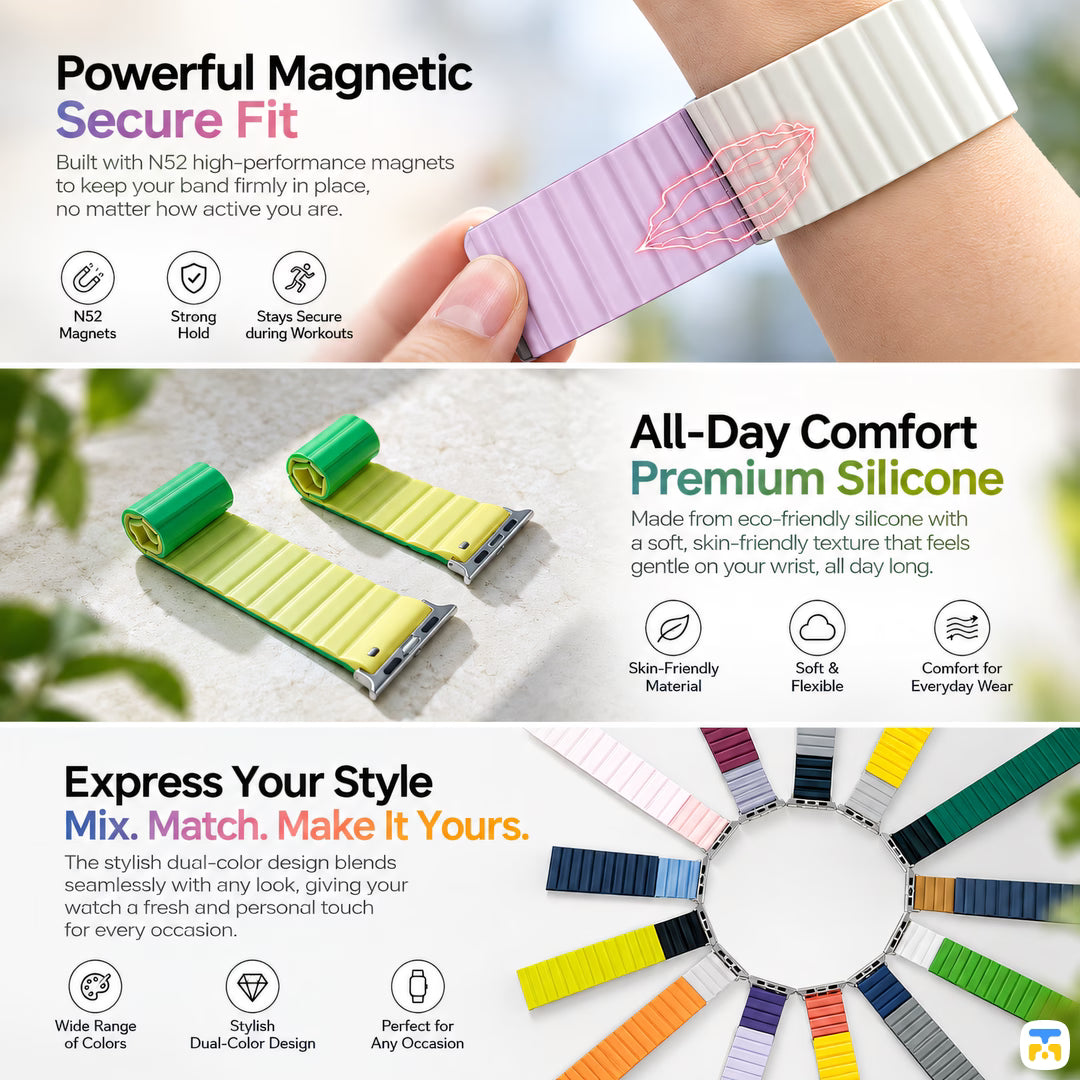 Powerful Magnetic
Secure Fit - NOVAMAG Wavy Slim Reversible Magnetic Silicone Strap for Apple Watch