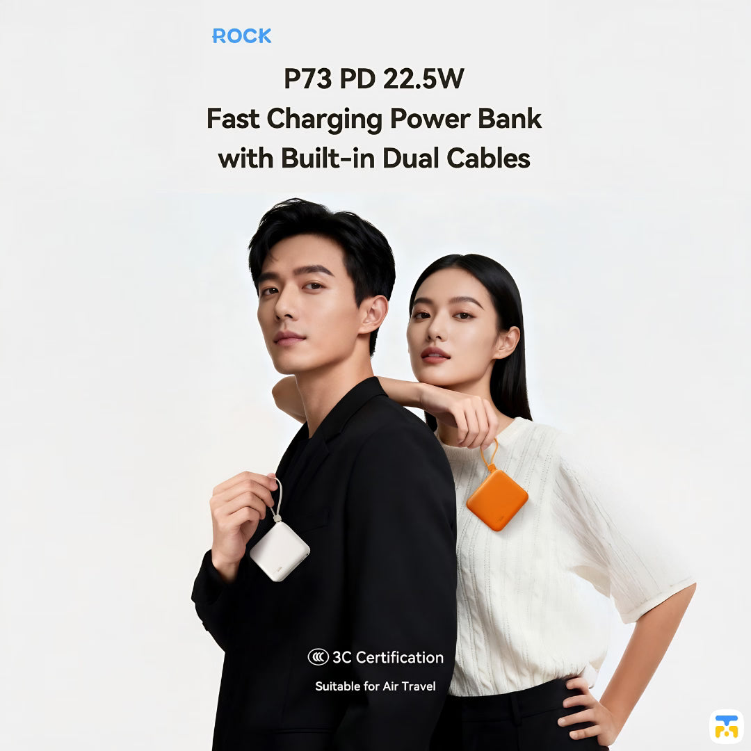 P73 PD 22.5W Fast Charging Power Bank with Built-in Dual Cables - ROCK P73 PD 22.5W Fast Charging Power Bank with Built-in Dual Cables 10000mAh