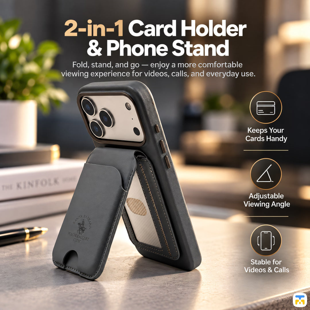 2-in-1 Card Holder
& Phone Stand - Santa Barbara Polo Club Magnetic Vegan Leather Wallet