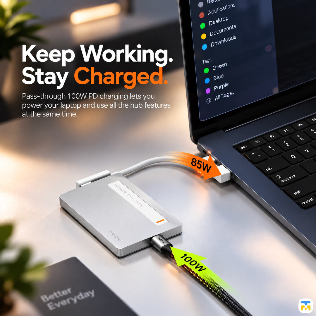 Keep Working.
Stay Charged. - SHARGE Disk Plus NVMe Enclosure - Thin, 10Gbps, Built-in USB-C Cable