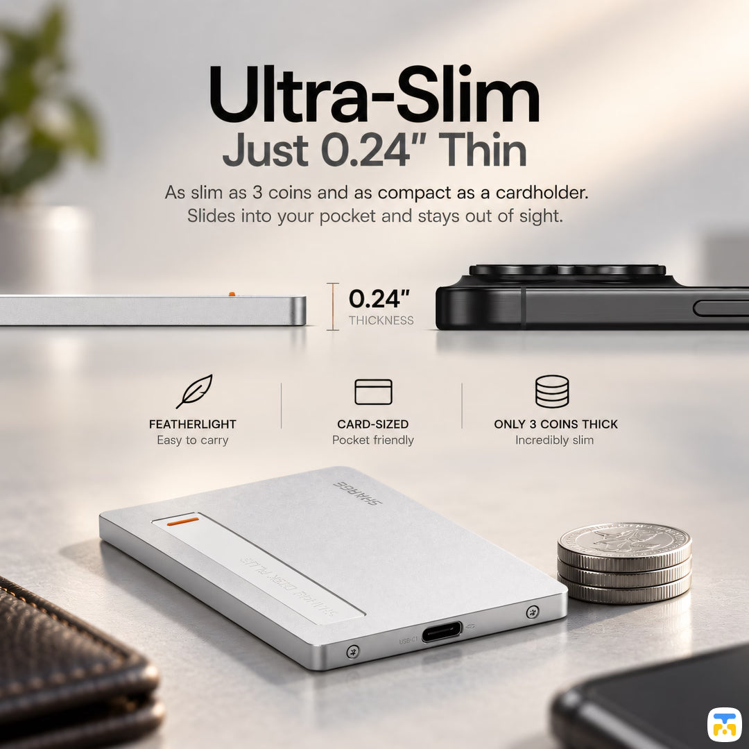 Ultra-Slim
Just 0.24" Thin - SHARGE Disk Plus NVMe Enclosure - Thin, 10Gbps, Built-in USB-C Cable