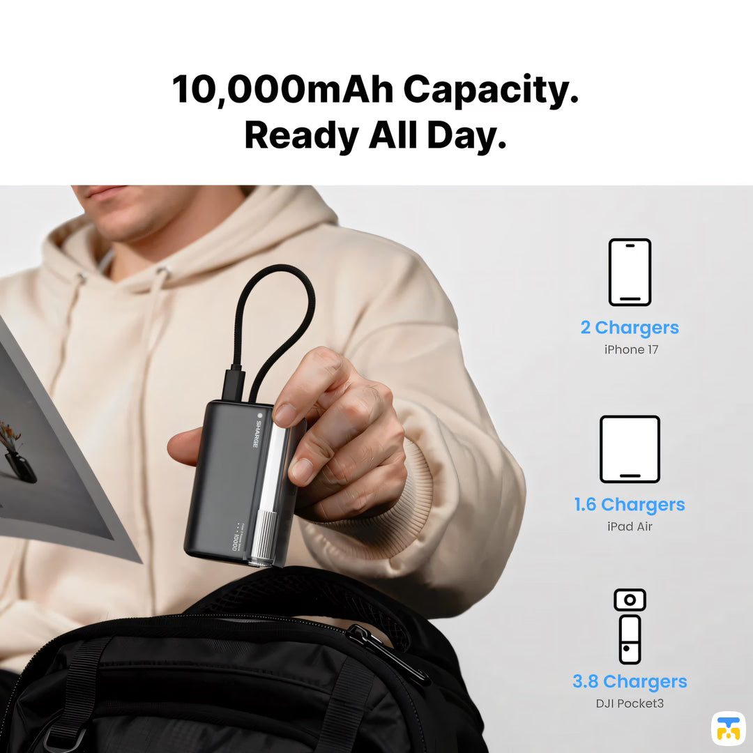10,000mAh Capacity.
Ready All Day. - SHARGE Flow 3 Power Bank - 10000 mAh, 45W, Built-in Cable