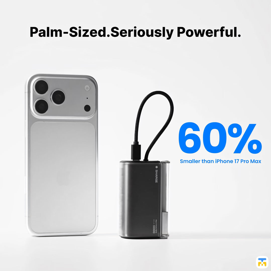 Palm-Sized.Seriously Powerful. - SHARGE Flow 3 Power Bank - 10000 mAh, 45W, Built-in Cable