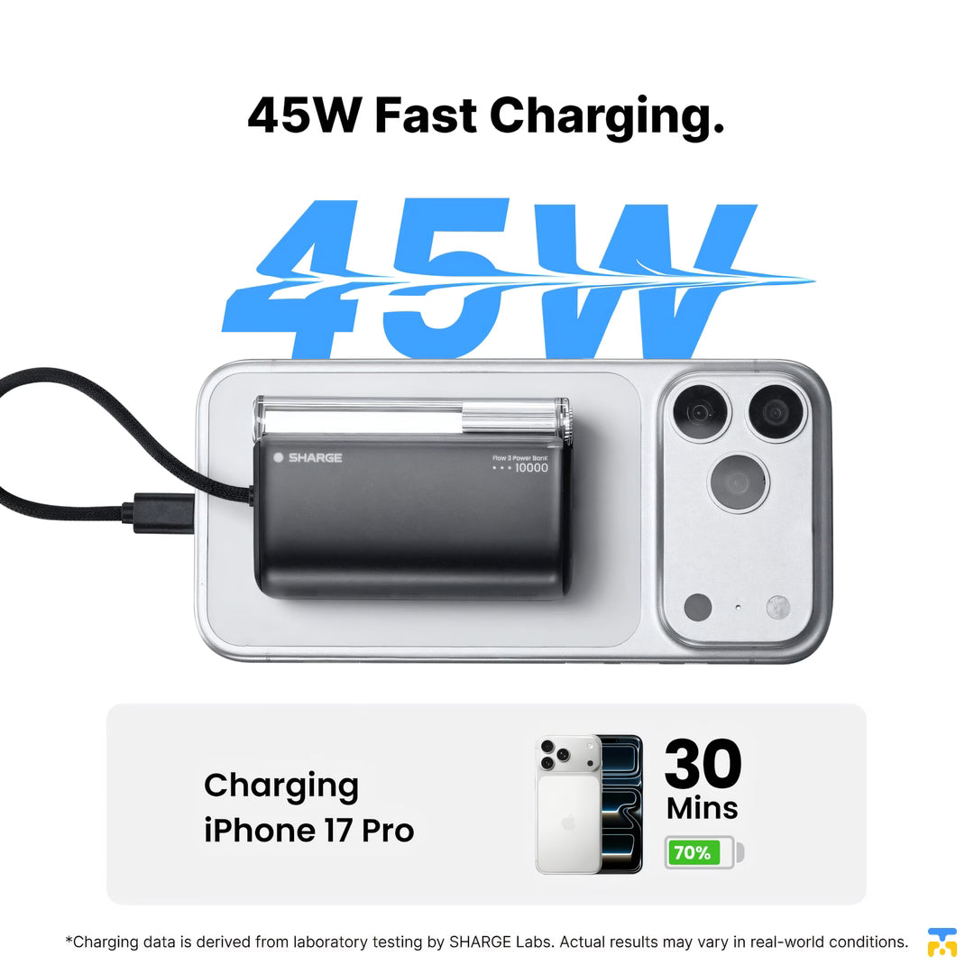 45W Fast Charging - SHARGE Flow 3 Power Bank - 10000 mAh, 45W, Built-in Cable