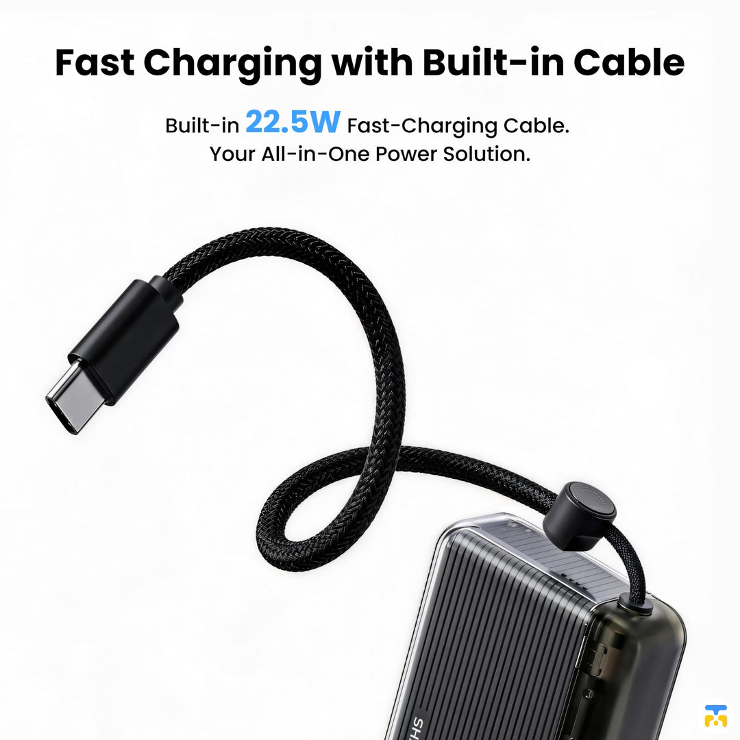 Fast Charging with Built-in Cable - SHARGE Flow Go Power Bank - 10000 mAh, 22.5W, Built-in Cable