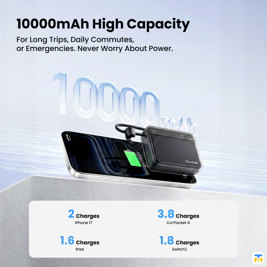 10000mAh High Capacity - SHARGE Flow Go Power Bank - 10000 mAh, 22.5W, Built-in Cable