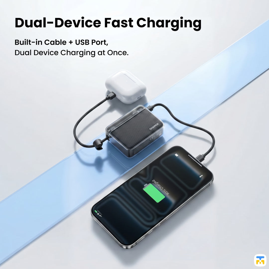 Dual-Device Fast Charging - SHARGE Flow Go Power Bank - 10000 mAh, 22.5W, Built-in Cable