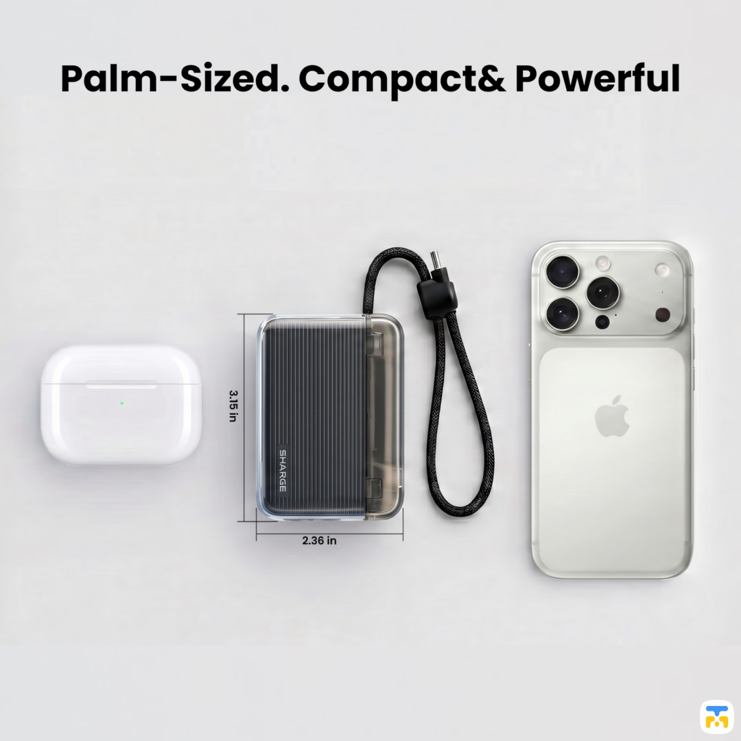 Palm-Sized. Compact& Powerful - SHARGE Flow Go Power Bank - 10000 mAh, 22.5W, Built-in Cable