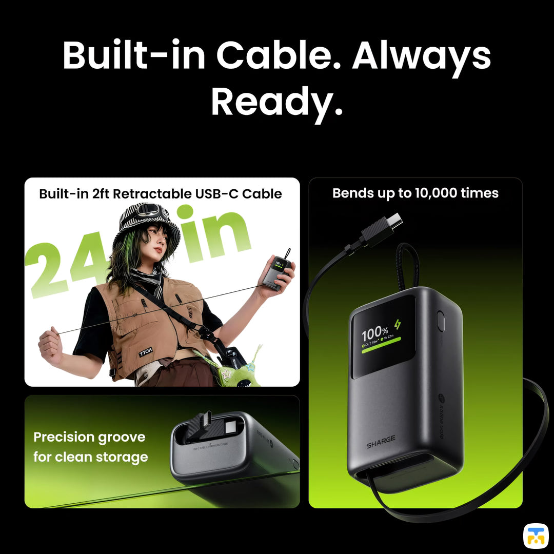 Built-in Cable. Always
Ready. - SHARGE HyperTower Power Bank - 10K, Display, 45W, Retractable Cable