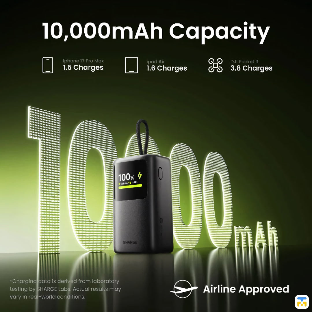 10,000mAh Capacity - SHARGE HyperTower Power Bank - 10K, Display, 45W, Retractable Cable
