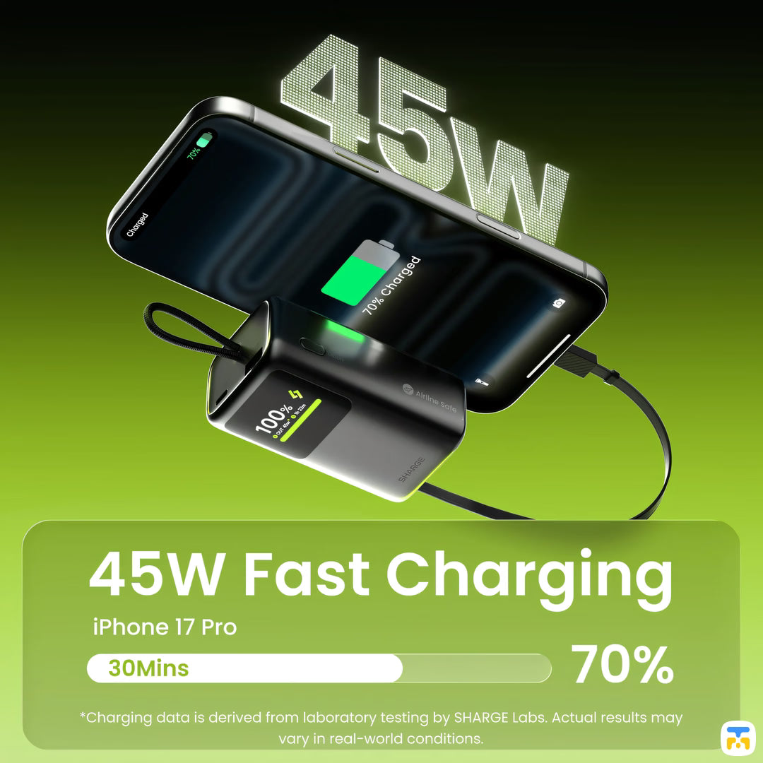 45W Fast Charging - SHARGE HyperTower Power Bank - 10K, Display, 45W, Retractable Cable