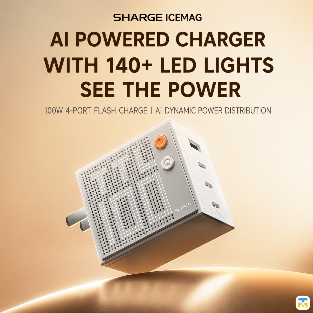 SHARGE Pixel 100W GaN Charger with Dot Matrix Display - 3x USB-C, 1x USB-A