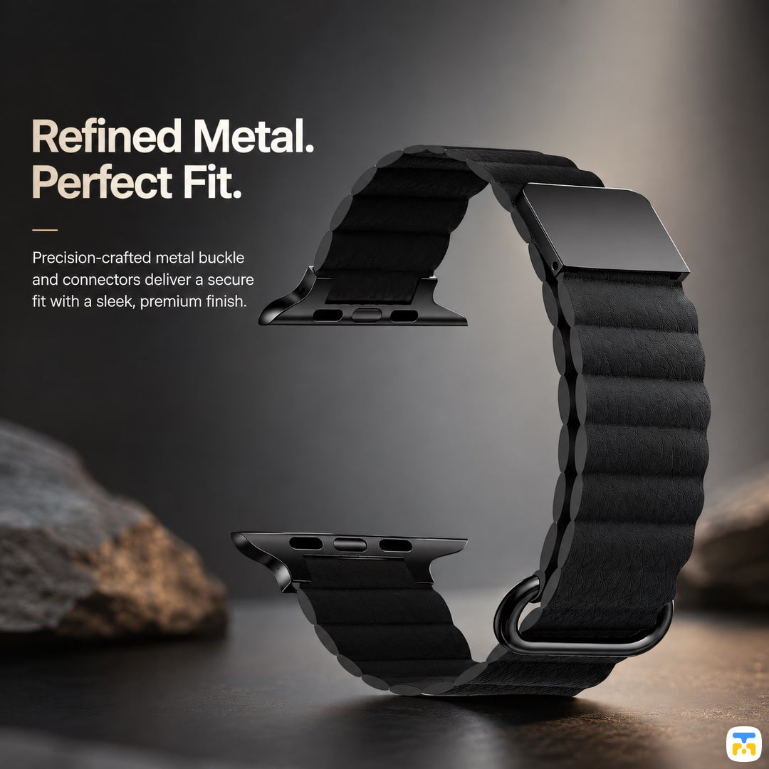 Refined Metal.
Perfect Fit. - Snap Leather Magnetic Apple Watch Strap for 38-49mm