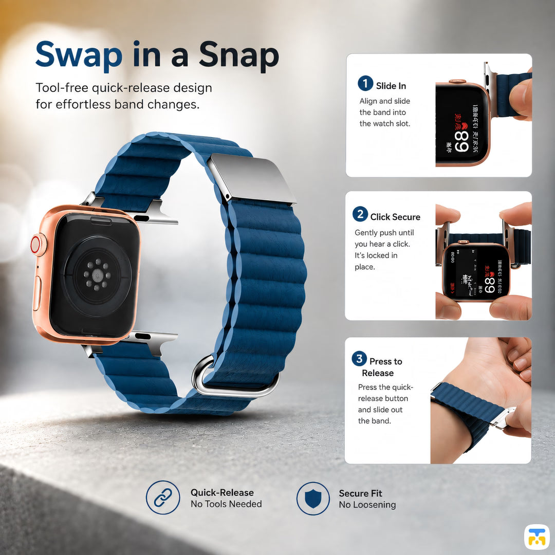 Swap in a Snap - Snap Leather Magnetic Apple Watch Strap for 38-49mm