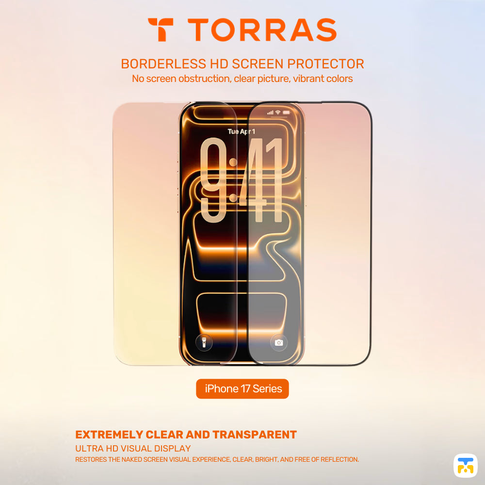 Torras borderless HD screen protector for iPhone 17 Series with clear display.