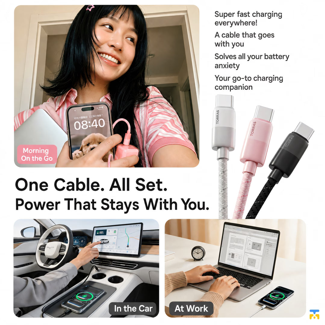 One Cable. All Set.
Power That Stays With You. - TORRAS Charging and Data Cable USB C to C - 1.2 Meter