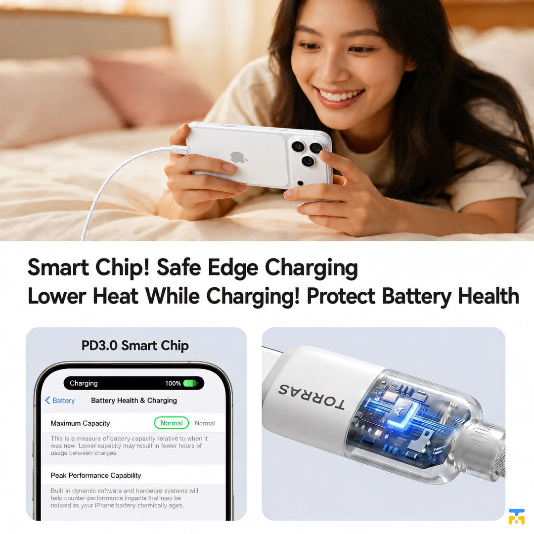 Smart Chip! Safe Edge Charging
Lower Heat While Charging! Protect Battery Health - TORRAS Charging and Data Cable USB C to C - 1.2 Meter