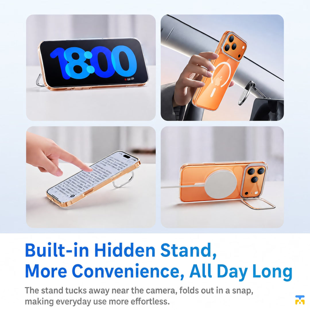 Built-in Hidden Stand,
More Convenience, All Day Long - TORRAS for iPhone 17 Series D1S Pivot Anti-Yellow MagSafe Case with Stand