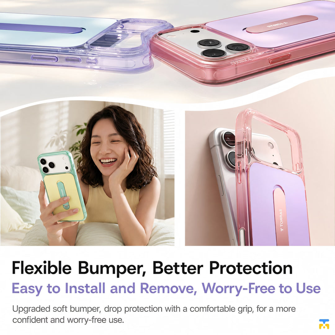 Flexible Bumper, Better Protection - TORRAS for iPhone 17 Series i3 Muse MagSafe Case with Rotating Stand