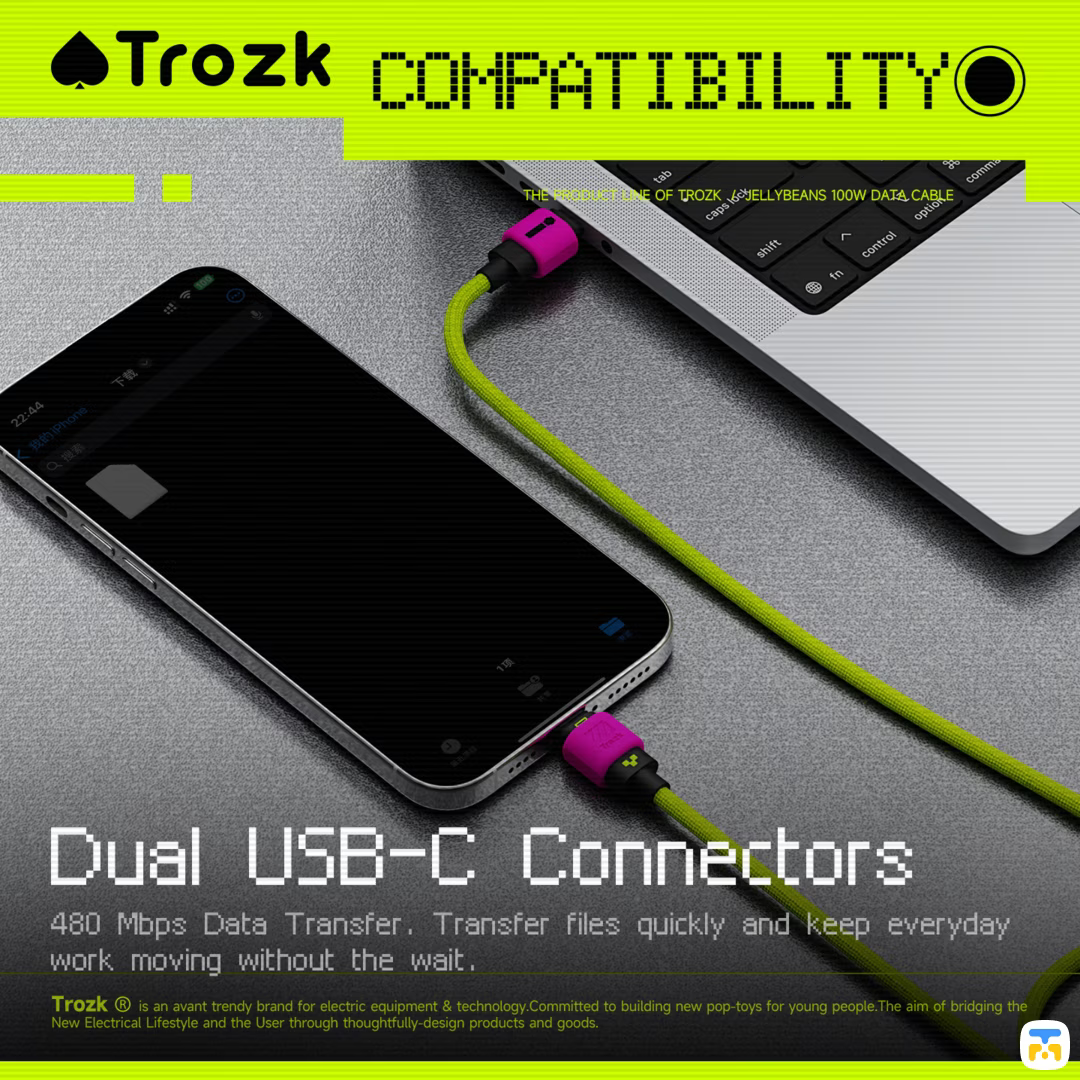 Dual USB-C Connectors - TROZK Jellybeans 100W USB-C Data Cable