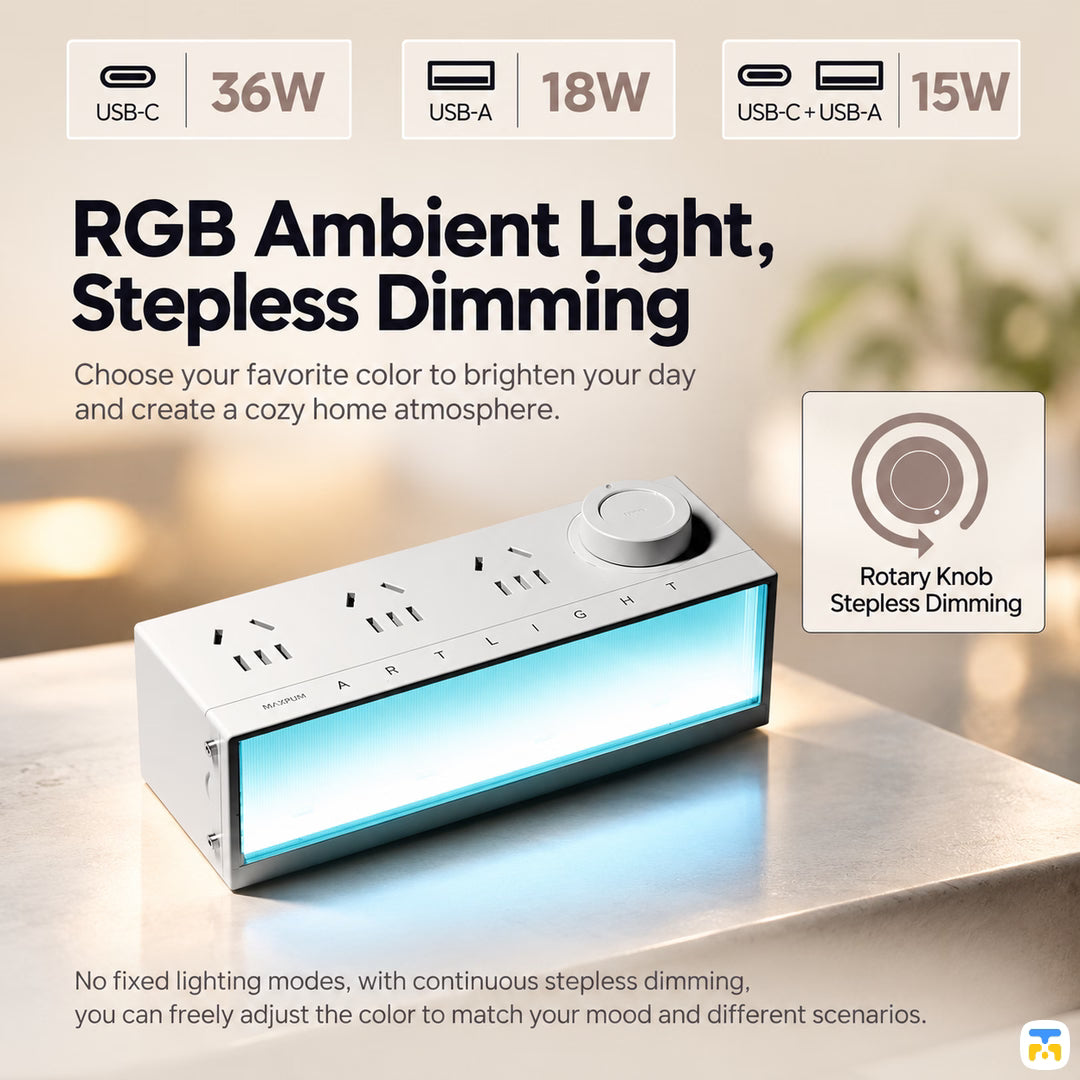 RGB Ambient Light,
Stepless Dimming - TROZK Lightbox Power Strip with 36W Adapter