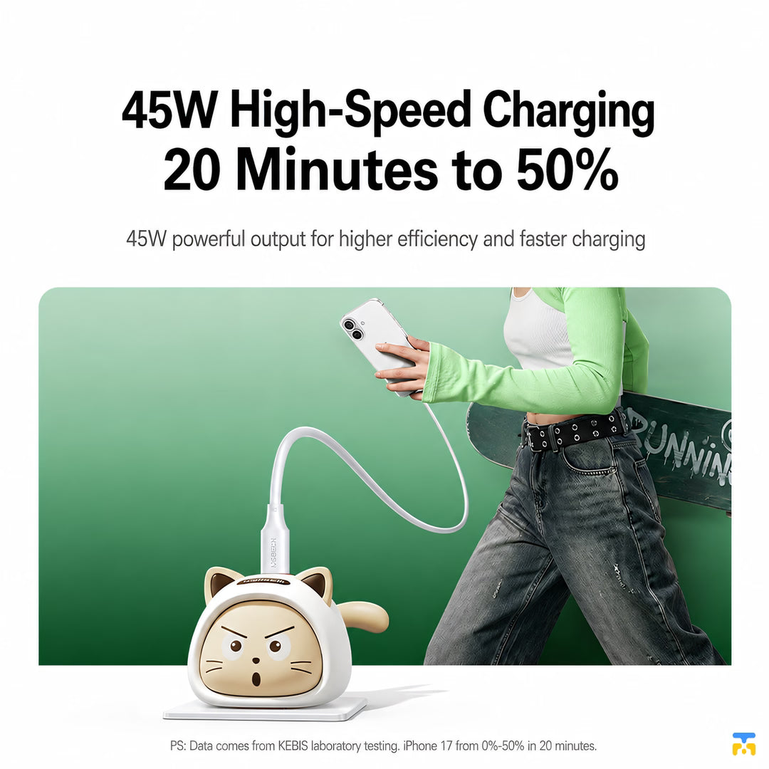45W High-Speed Charging 20 Minutes to 50% - UGREEN 45W Cat Figure GaN Fast Charger