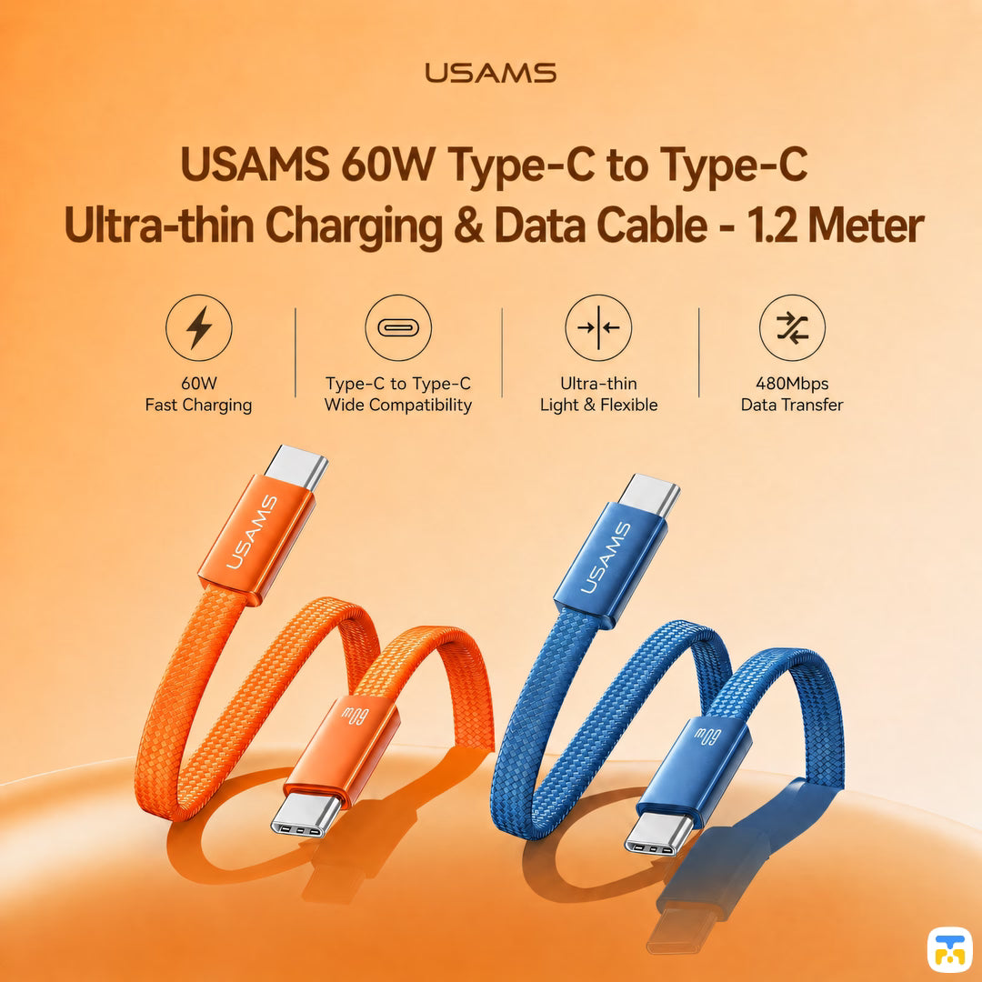 USAMS 60W Type-C to Type-C Ultra-thin Charging & Data Cable - 1.2 Meter