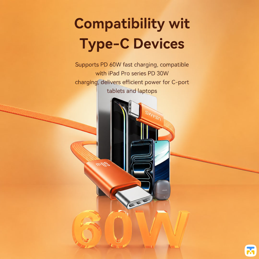 Compatibility wit Type-C Devices - USAMS 60W Type-C to Type-C Ultra-thin Charging & Data Cable - 1.2 Meter
