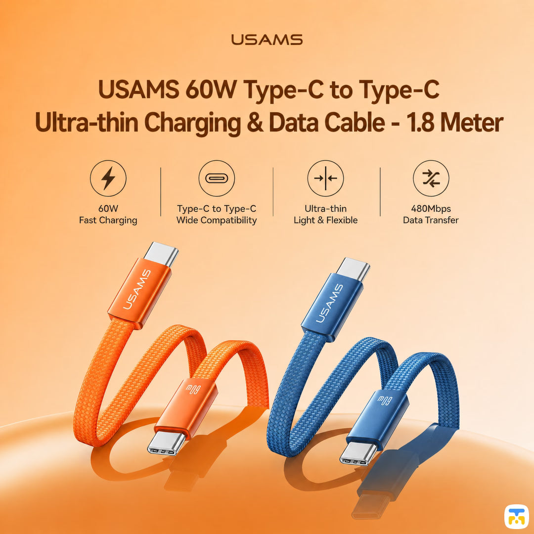 USAMS 60W Type-C to Type-C Ultra-thin Charging & Data Cable - 1.8 Meter