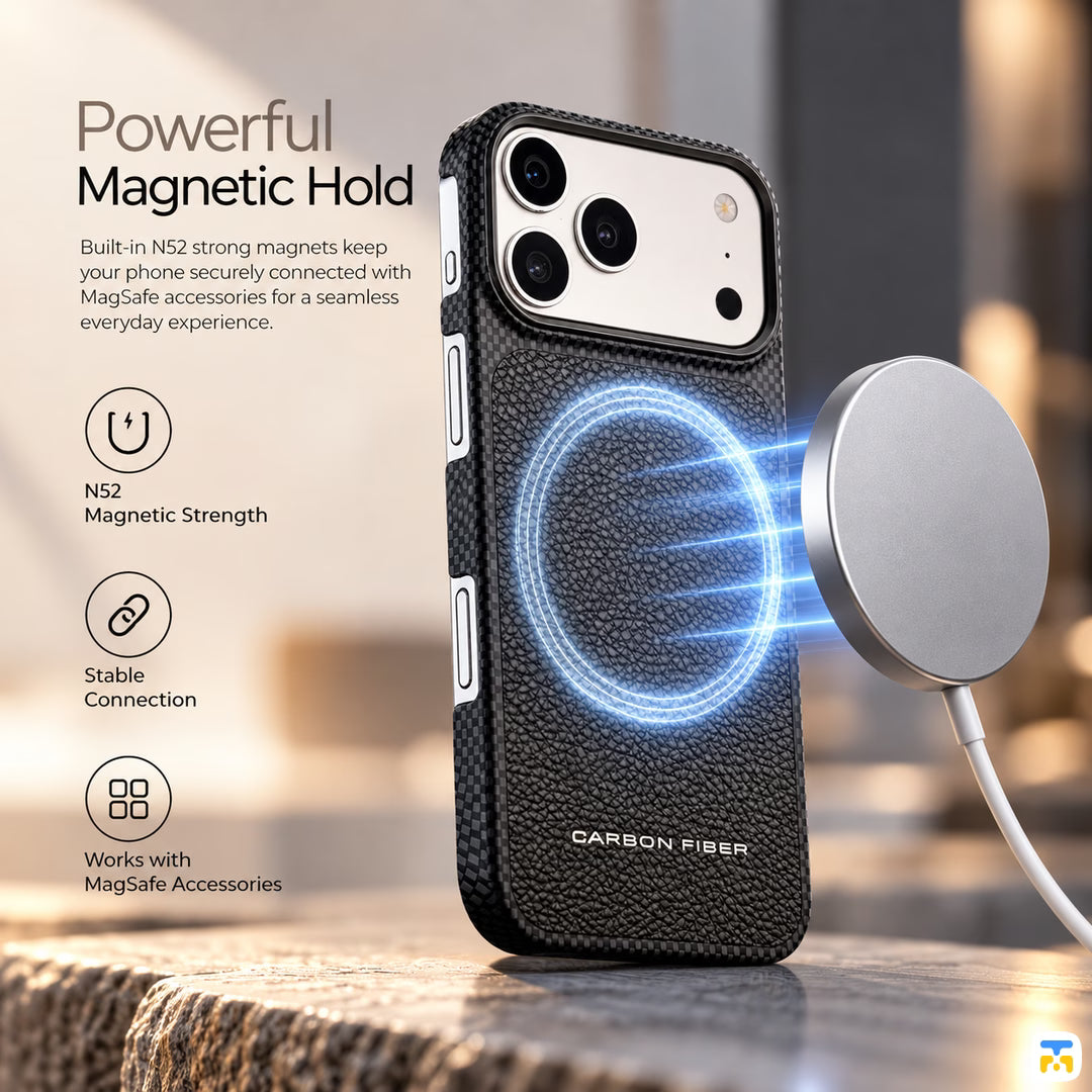 Powerful
Magnetic Hold - VOORCA Carbon Fiber Skin MagSafe Case