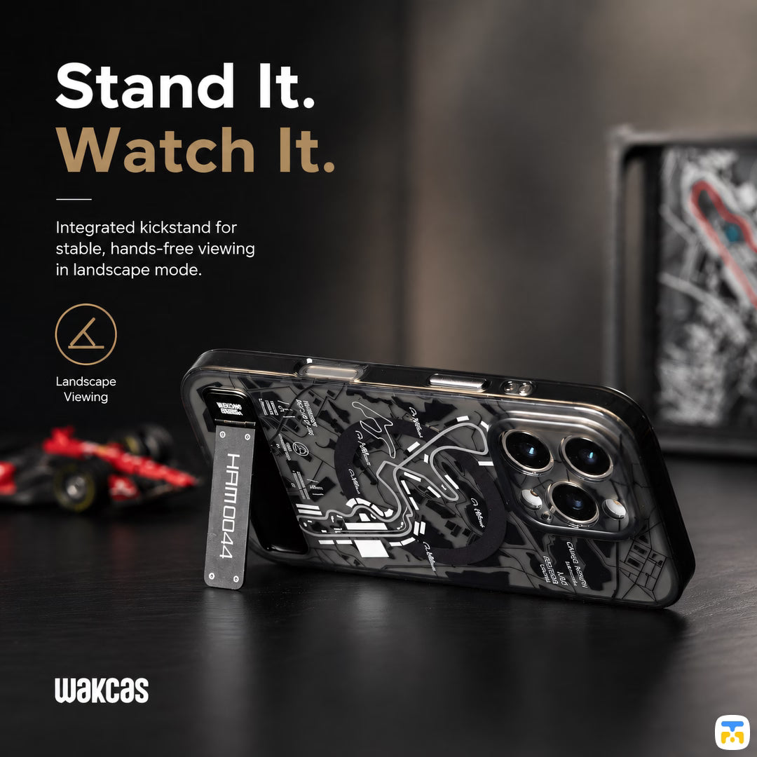 Stand It.
Watch It - WAKCAS for iPhone 17 Series Grand Prix MagSafe Case with Stand